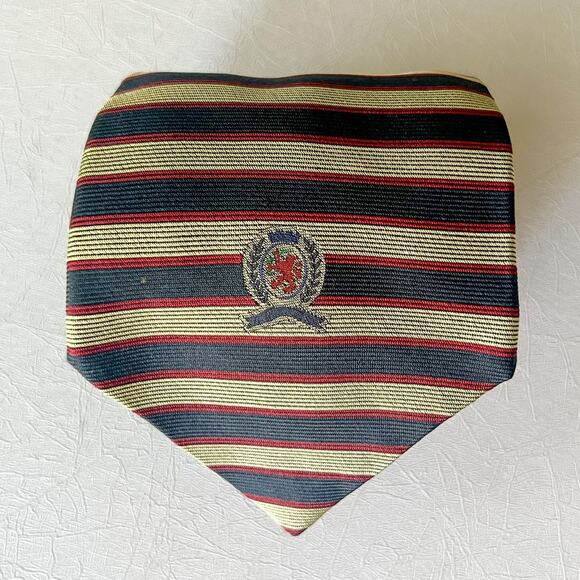 100% Silk Neck Tie Vintage Tommy Hilfiger Navy Red and Gold Tie - Picture 6 of 8